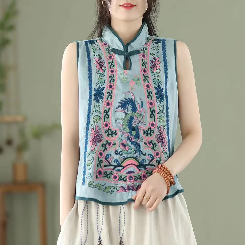 

Retro Embroidery Cotton Linen Chinese Traditional Women's Vest Chinese Style Pullover Ladies Summer Exquisite Stand Collar Top