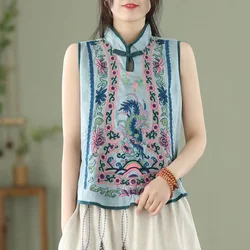 Retro Embroidery Cotton Linen Chinese Traditional Women's  Vest Chinese Style Pullover Ladies Summer Exquisite Stand Collar Top