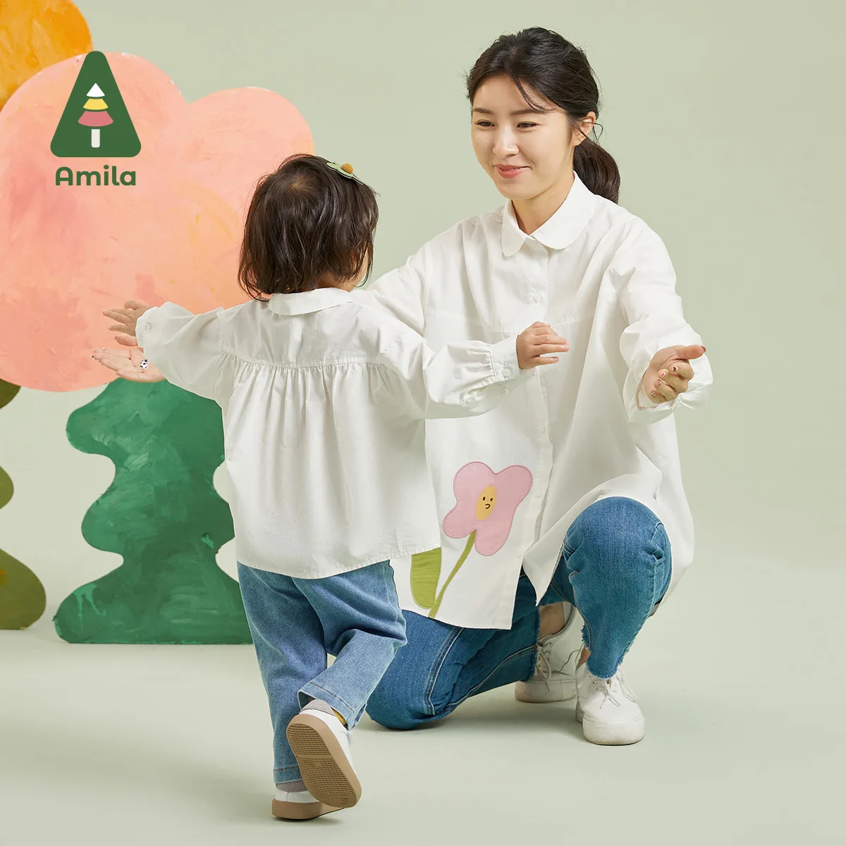 Amila Mother-Daughter Clothing Autumn New 2023 A-Type Version 100% Cotton Breathable And Soft Fashion Versatile Embroider Shirt