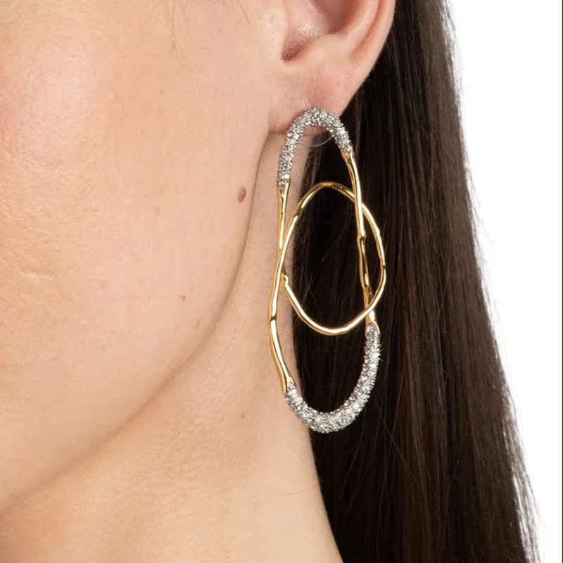 Europe America Gold Silver Crystal Zircon Geometric Line Earrings Woman High Quality Party Jewelry