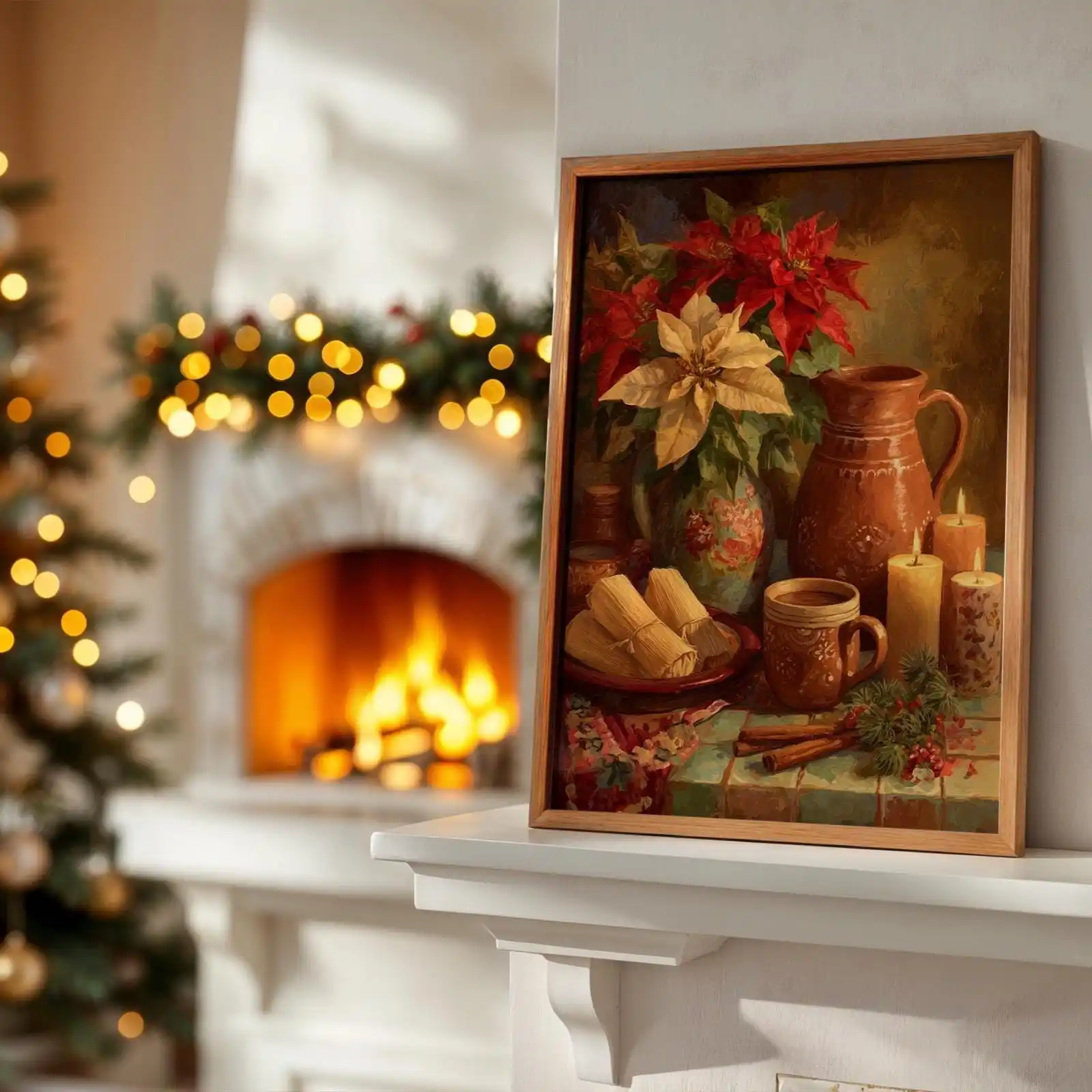 Mexican Christmas Poster Tamales & Ponche Kitchen Art Poster Poinsettia Holiday Print Latin Christmas Poster for Home Decoration
