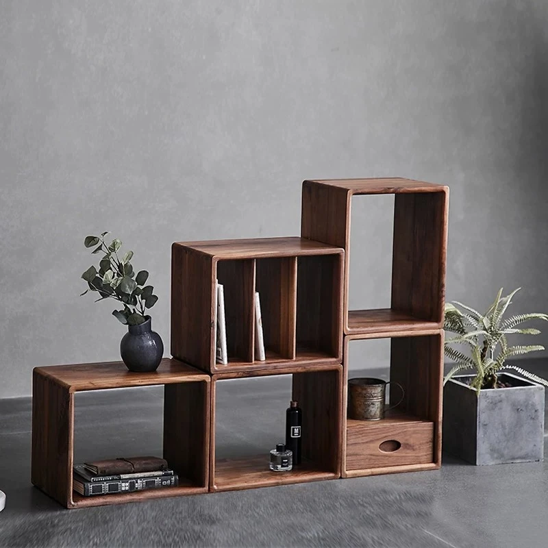 Solid Wood Round Corner Grid Shelf Floor Standing Modular Bookcase Unit for Living Room Creative Display Rack Compact Side Table