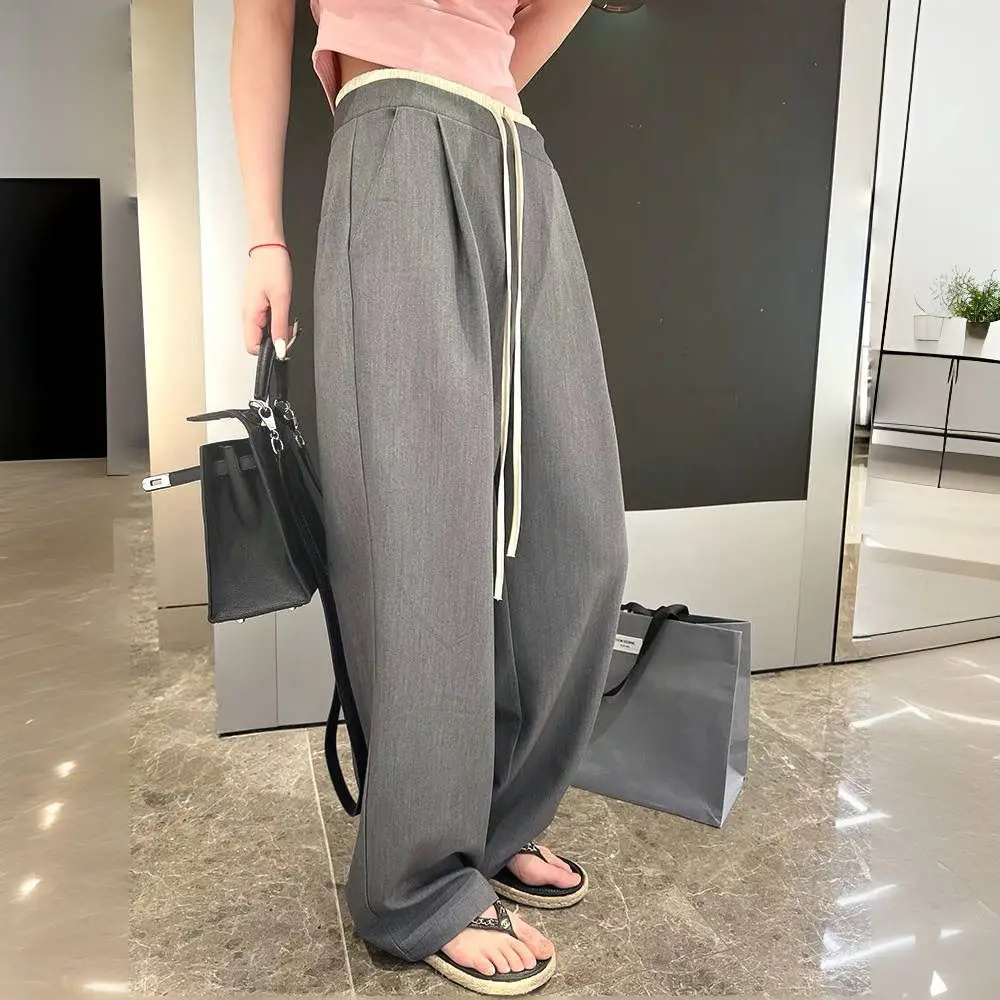 Spring 2024 New Suit Pants Elastic Waist Drawstring Design Loose Slimming Large Long Leg Wide Leg Pants Casual Pants for Women