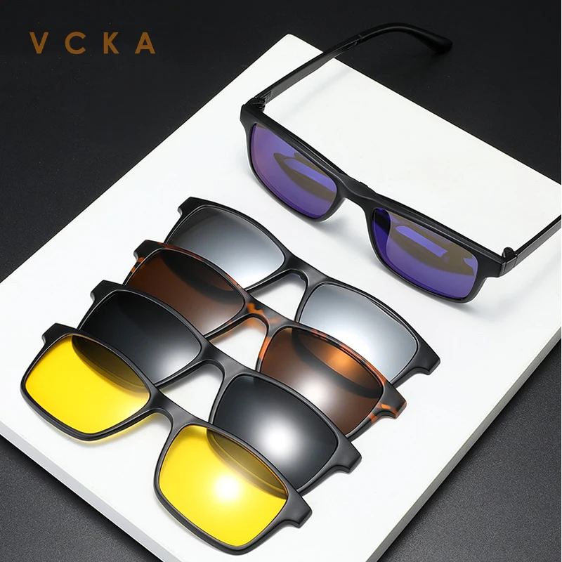 VCKA 5 Lenes Magnet Clip Sunglasses Square Men Polarized Gray TR90 Frame Custom Prescription Women Myopia Glasses