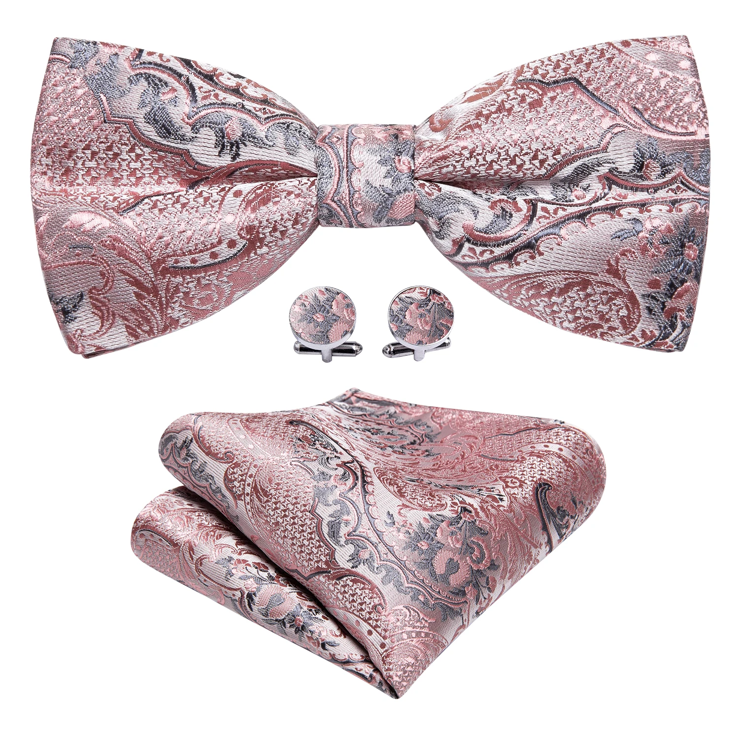 Barry.Wang Jacquard-Herren-Fliege, Orange, Koralle, Rosa, Paisley, solide, vorgebundene Fliege, Einstecktuch, Manschettenknöpfe, Set, Vorhochzeitsfeier