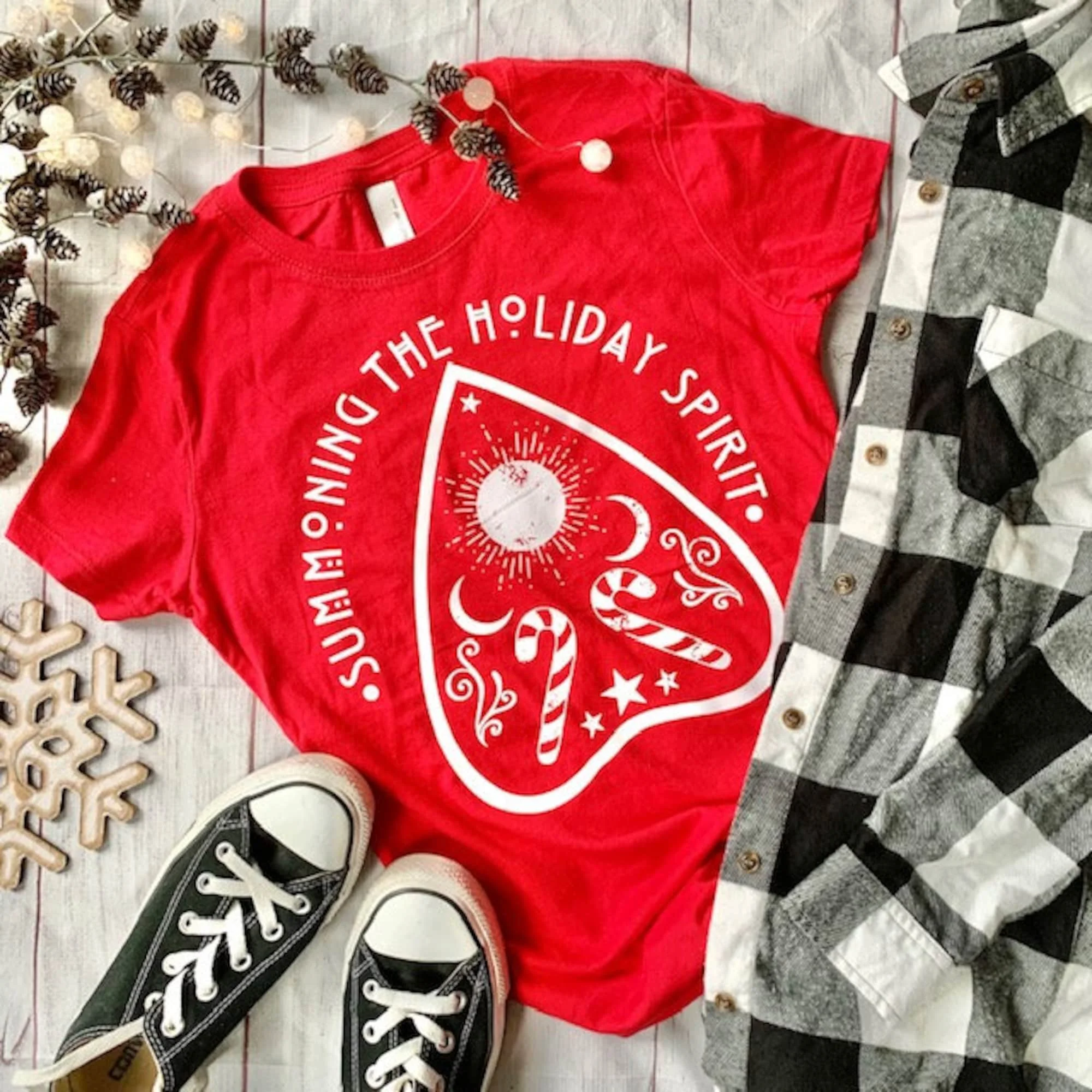 Summoning the Holiday Spirit Christmas Ouji Board Festive Season Red Adult Ladies Womens Tee TShirt