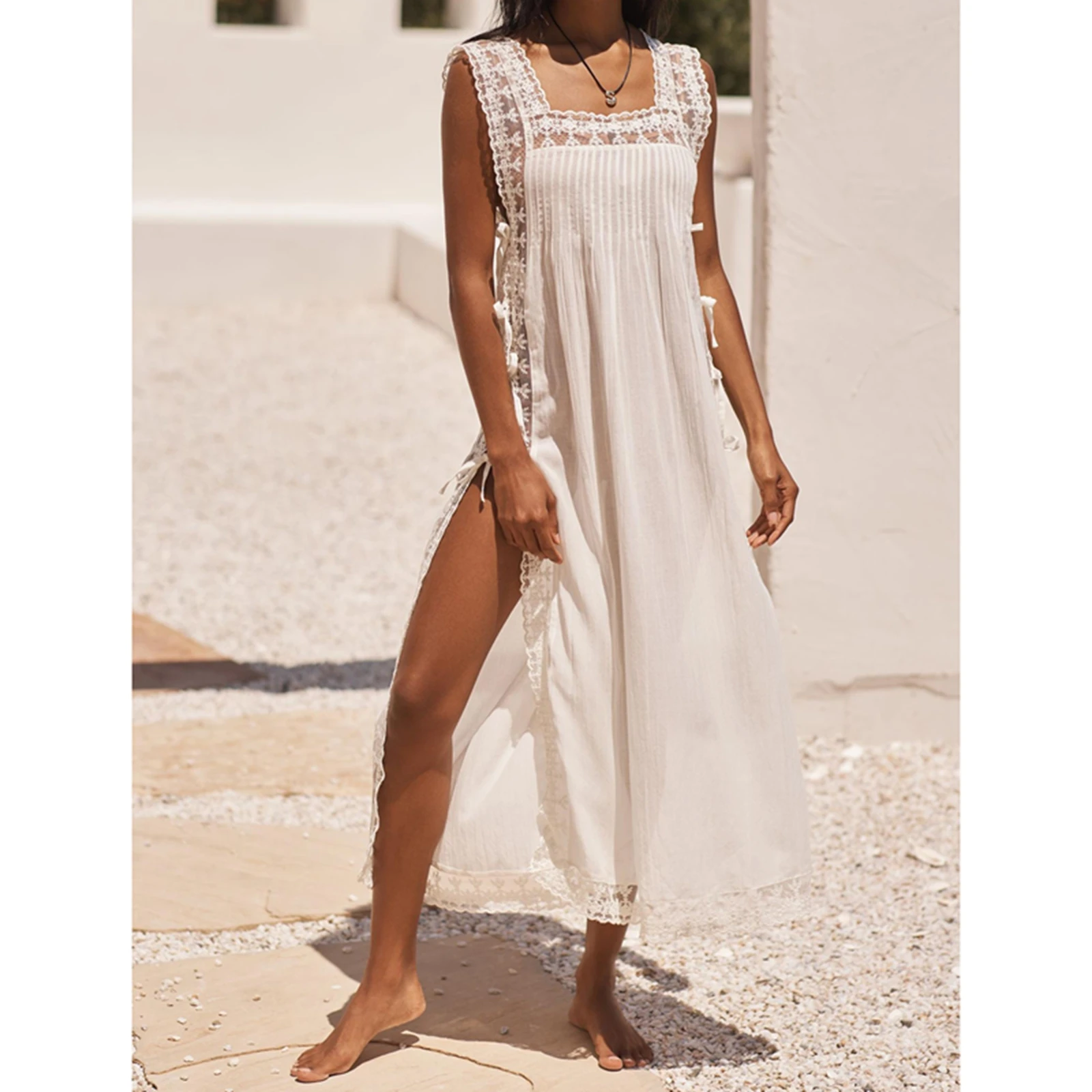 Abito da spiaggia vintage Boho da donna Abito estivo casual senza maniche con allacciatura sul davanti in pizzo Abito da canotta per feste da vacanza Abbigliamento quotidiano Streetwear