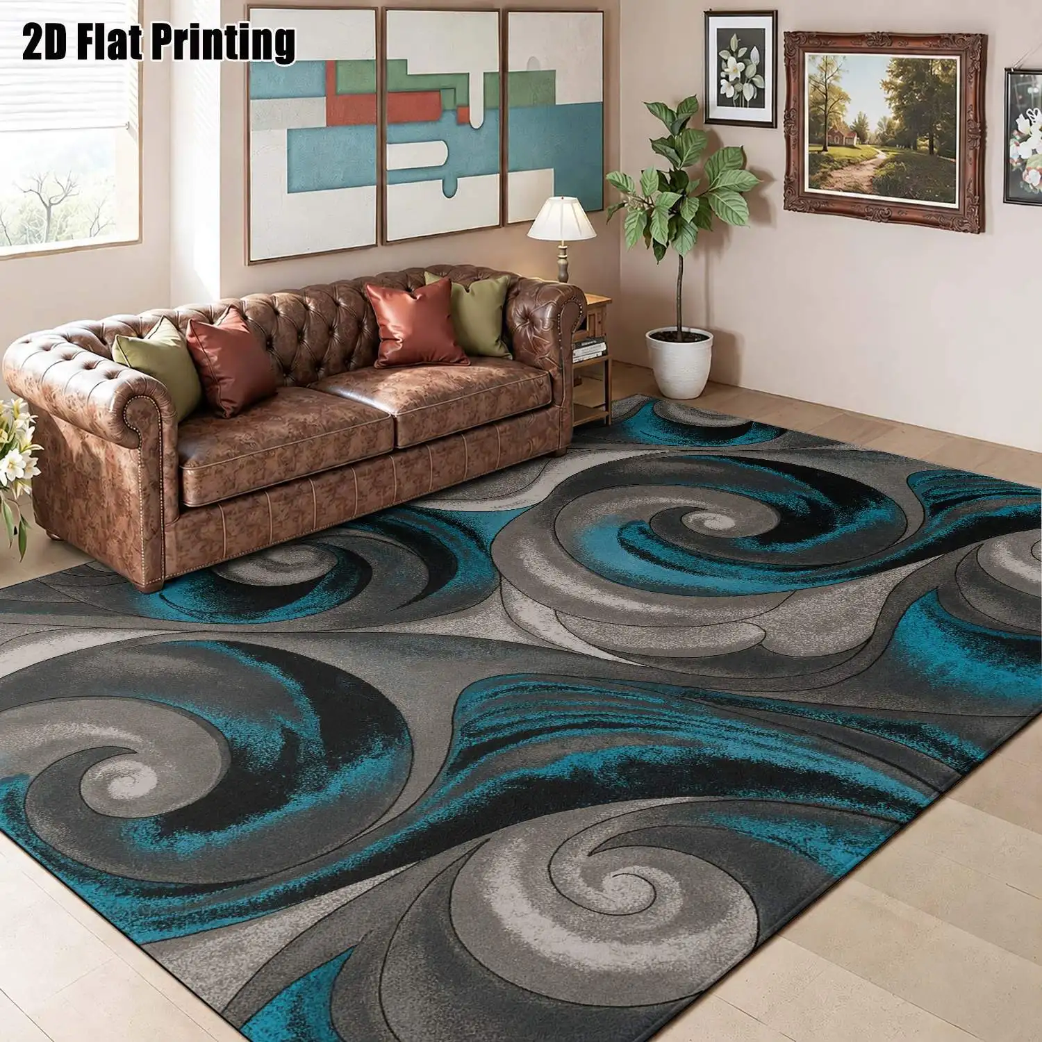 1Pc 2D Printed Carpet: Blue-Grey Swirl Abstract Pattern, Nordic/Instagram/Bohemian Style, Machine Washable, Multi-Size, Suitable for Multi-Scene Home Decoration
