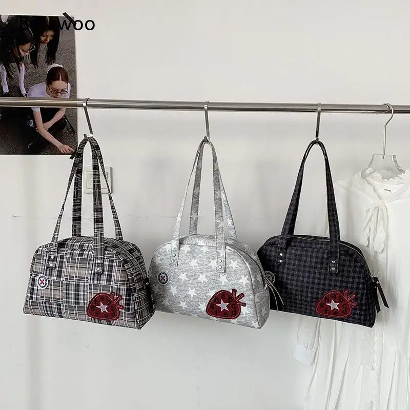 2026 Plaid Boston Shoulder Bag Black Light Blue Dark Purple Strawberry Decor Women Retro Casual Handbag