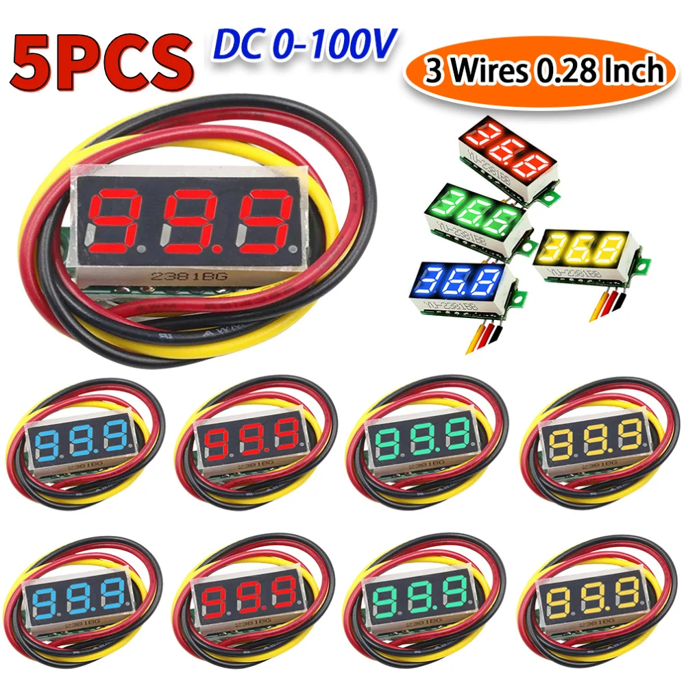 5 قطعة 0.28 بوصة 3 أسلاك الفولتميتر الرقمي تيار مستمر 0-100 فولت جهاز قياس الجهد الكهربائي تيار مستمر صغير الفولتميتر متر 12 فولت كاشف فولت