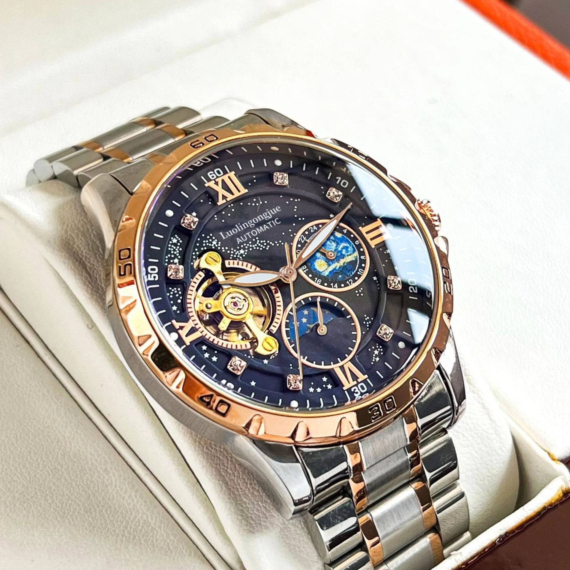 

Роскошные мужские автоматические механические часы - циферблат с изображением звездного неба, скелетонизированный турбийон, индикатор фазы луны, ремешок из нержавеющей стали, скелетонизированный дизайн, водонепроницаемые деловые наручные часы, идеальный п