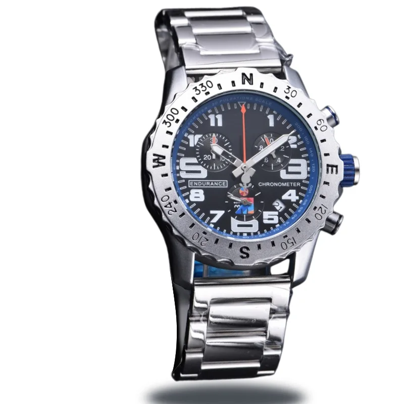Montre chronographe à quartz pour hommes, boîtier en alliage d'argent, lunette avec marquage directionnel, affichage de la date, bracelet en acier inoxydable, montre-bracelet pour sports de plein air pour hommes