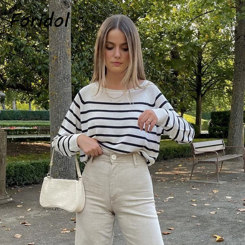 

Foridol Beige Knitted Striped Pullovers Women Casual Basic Thin Winter Sweater Jumper Loose Autumn Oversize Sweater Sueter