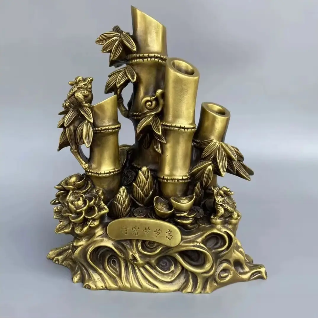 

12"Tibetan Temple Collection Old Brass Bamboo Yuanbao Coin Gold Toad Rising Step by step Amass wealth Ornaments Amulet