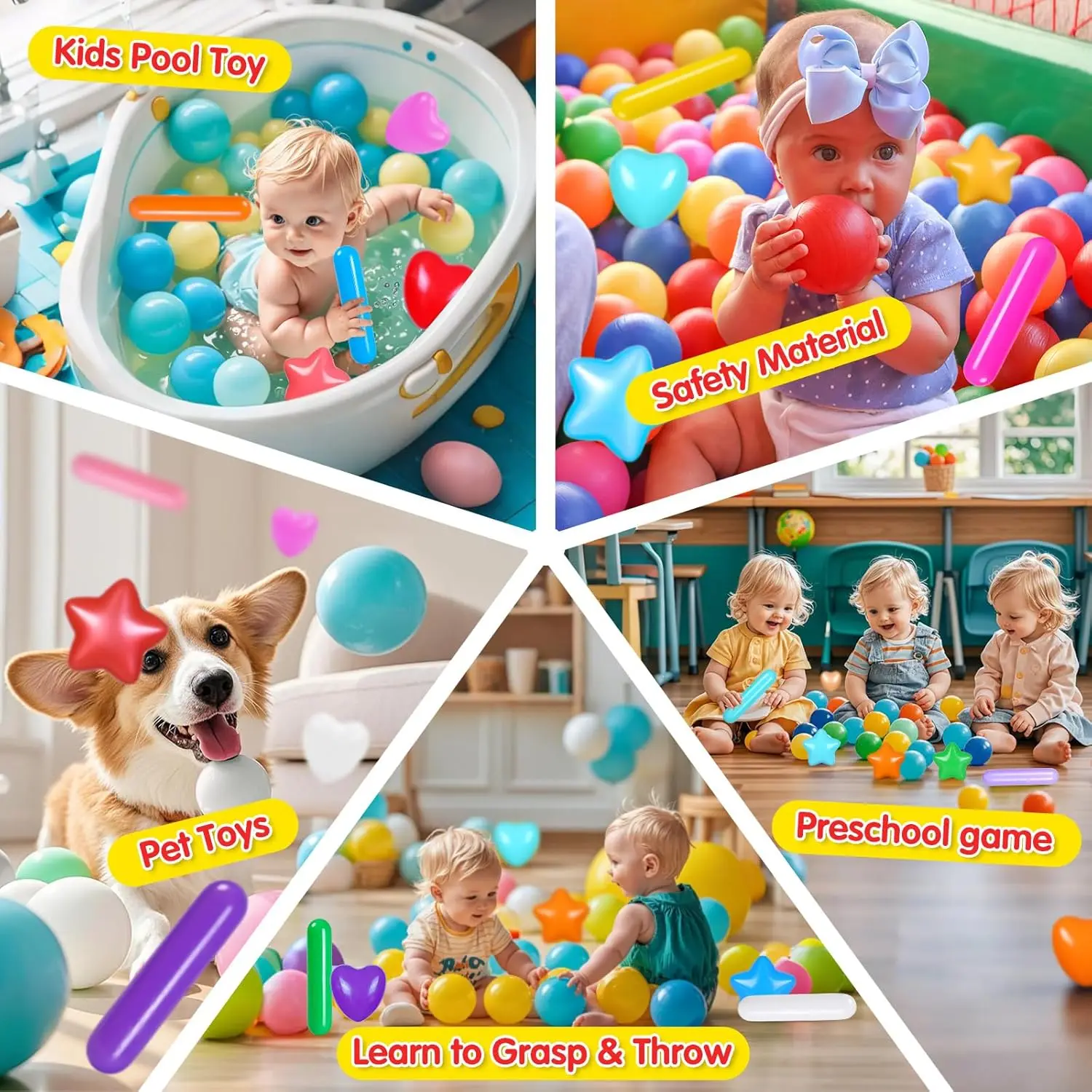 Boules de fosse à balles pour fosses à balles, 150 pièces, balles de jouet en plastique anti-écrasement pour bébés et tout-petits, 4 formes, jouets de jeu réutilisables pour enfants wi