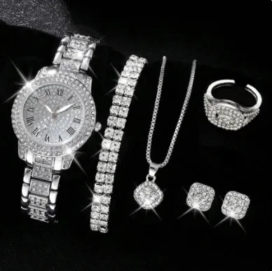 6pcs/set Women's Watch Luxury Rhinestone Quartz Watch Hiphop Fashion Analog Wrist Watch & Jewelry Set, Gift For Mom Her