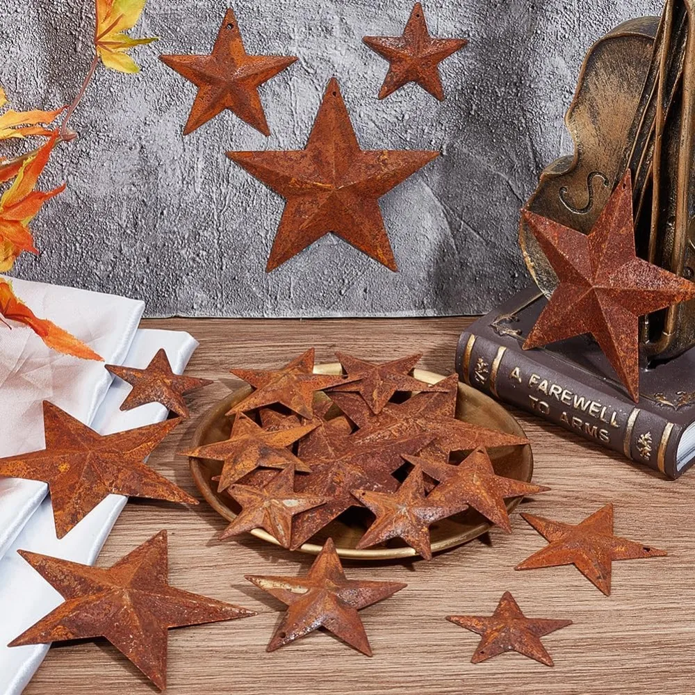 30 قطعة 3 أحجام الصدأ المعادن الحظيرة ستار 2 "2.5" 3.75 "عتيقة البدائية العتيقة البلد ديكور القصدير الصلب نجوم مع ثقوب ريفي #4
