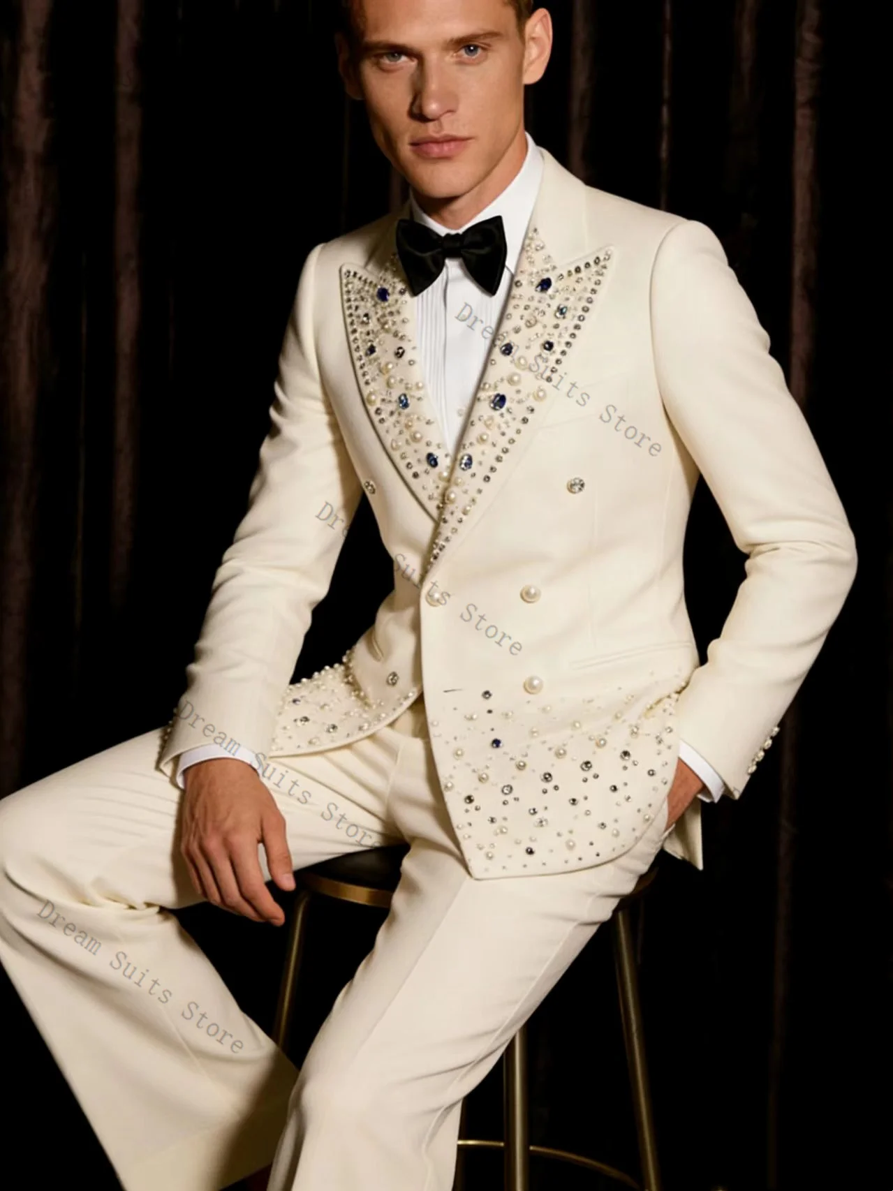 

Beige Crystals Men Suit Set 2 Pcs Cotton Blazer+Pants Trousers Customized Spring Formal Office Jacket Wedding Tuxedos Prom Coat