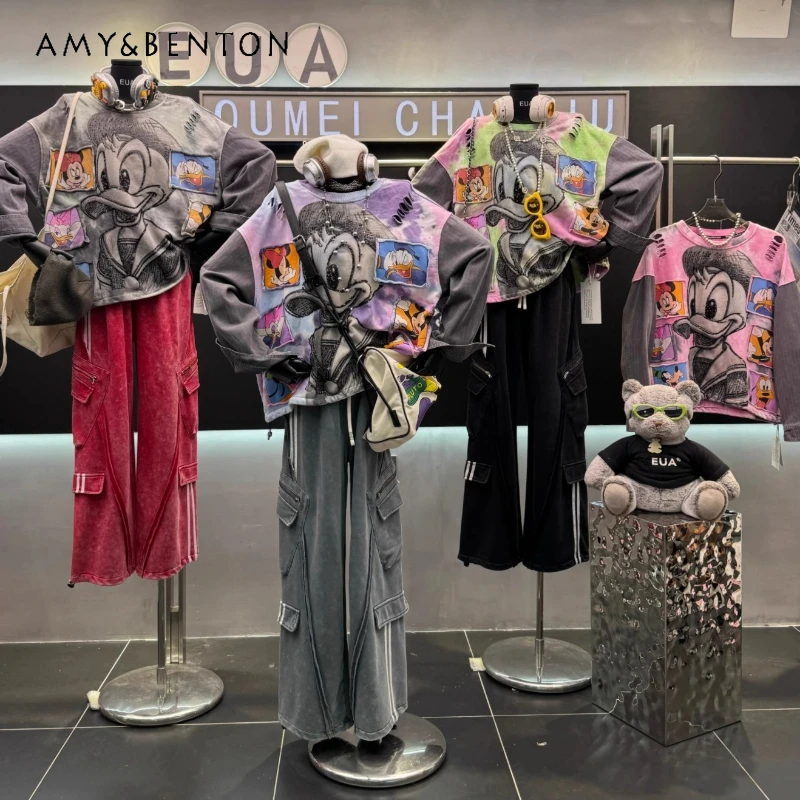 

Осенняя новая джинсовая толстовка с вышивкой для тяжелой промышленности, куртка с мультяшным градиентом цвета, толстовки с круглым вырезом, модные женские Sudaderas