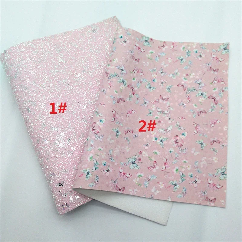 Pink Tissel Glitter Leather Sheets Butterflies Custom Synthetic Leather Floral Caviar Embossed Faux Leather For DIY 21x29CM Y433