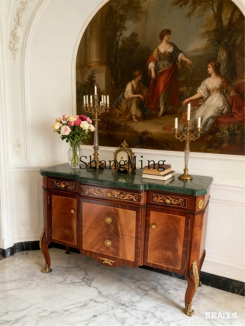 

CL Solid Wood Marble Entrance Locker Leather Parquet Gold Brown Birch Hand Painted Entrance Cabinet Furniture