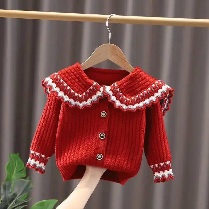 Girl Sweater Spring Autumn 2024 New Doll Collar Knitting Cardigan Casual Simple Fashion Sweet Korean Active Vintage Cute Soft