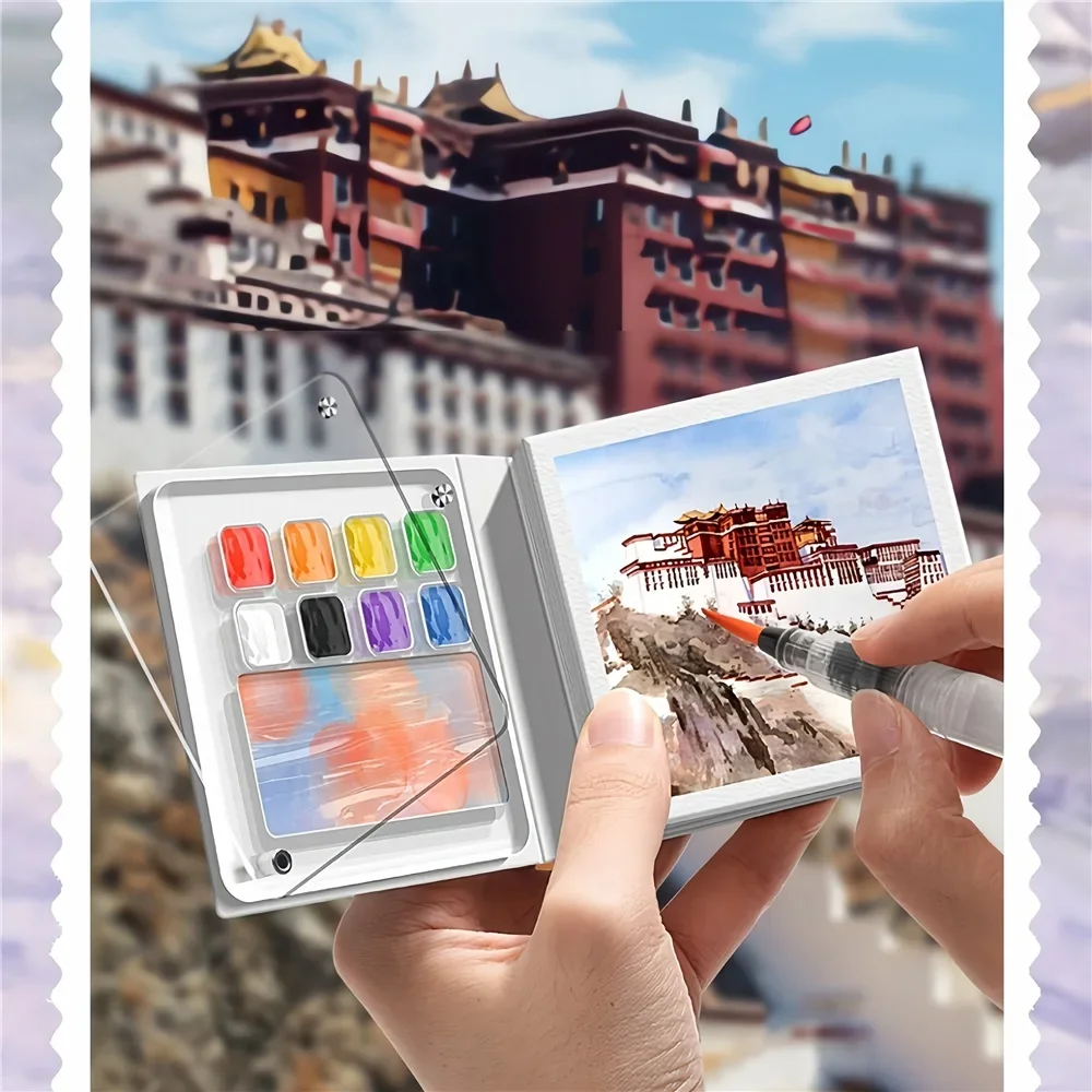 Portable Mini Watercolor Sketchbook with Paint Tray - 50 Sheets, Medium Thick Paper, Ideal for On-the-Go (Paint Not Included)