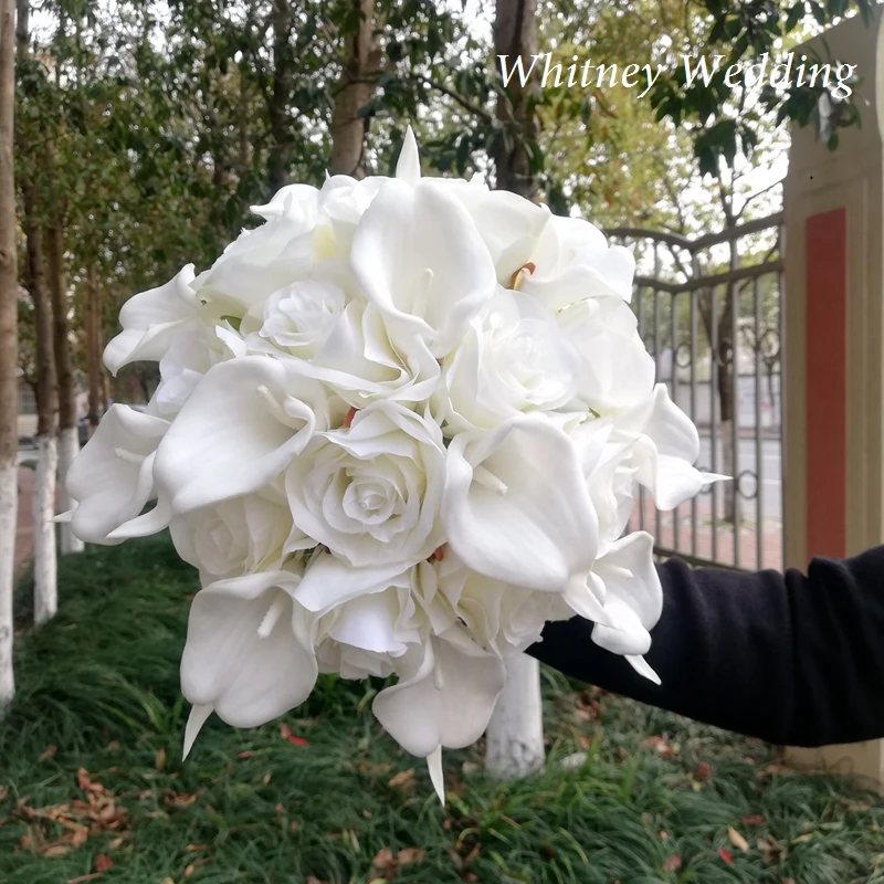 Flores de boda de rosas blancas redondas simples, tacto Real, ramo de novia de dama de honor Calalily, decoración de boda