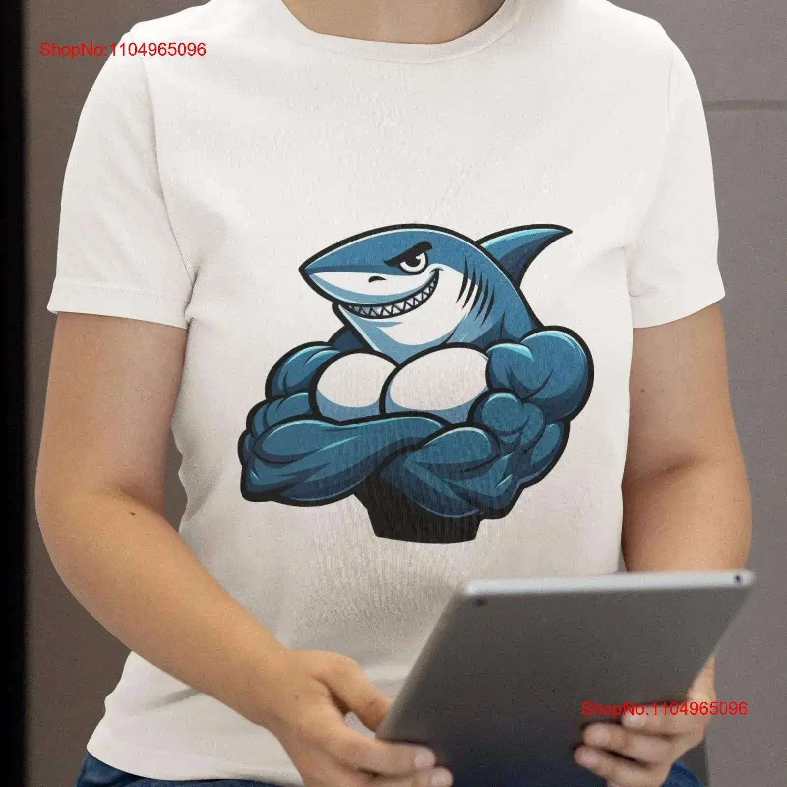 

Muscular Shark Cartoon T Shirt Cool Funny Top for Men and Women Unique Gym Casual Wear All Sizes Available vintage Washed