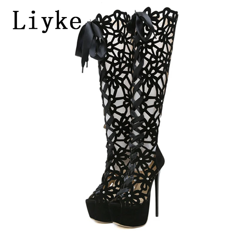 Liyke 16CM Ultra Thin High Heels Sexy Nightclub Hollow Out Over The Knee Boots Women Peep Toe Lace-Up Zip Platform Shoes Sandals