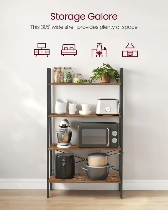 Ladder Shelf, 4-Tier Bookshelf, Storage Rack, Bookcase with Steel Frame, for Living Room, Home Office, Kitchen, Bedroom