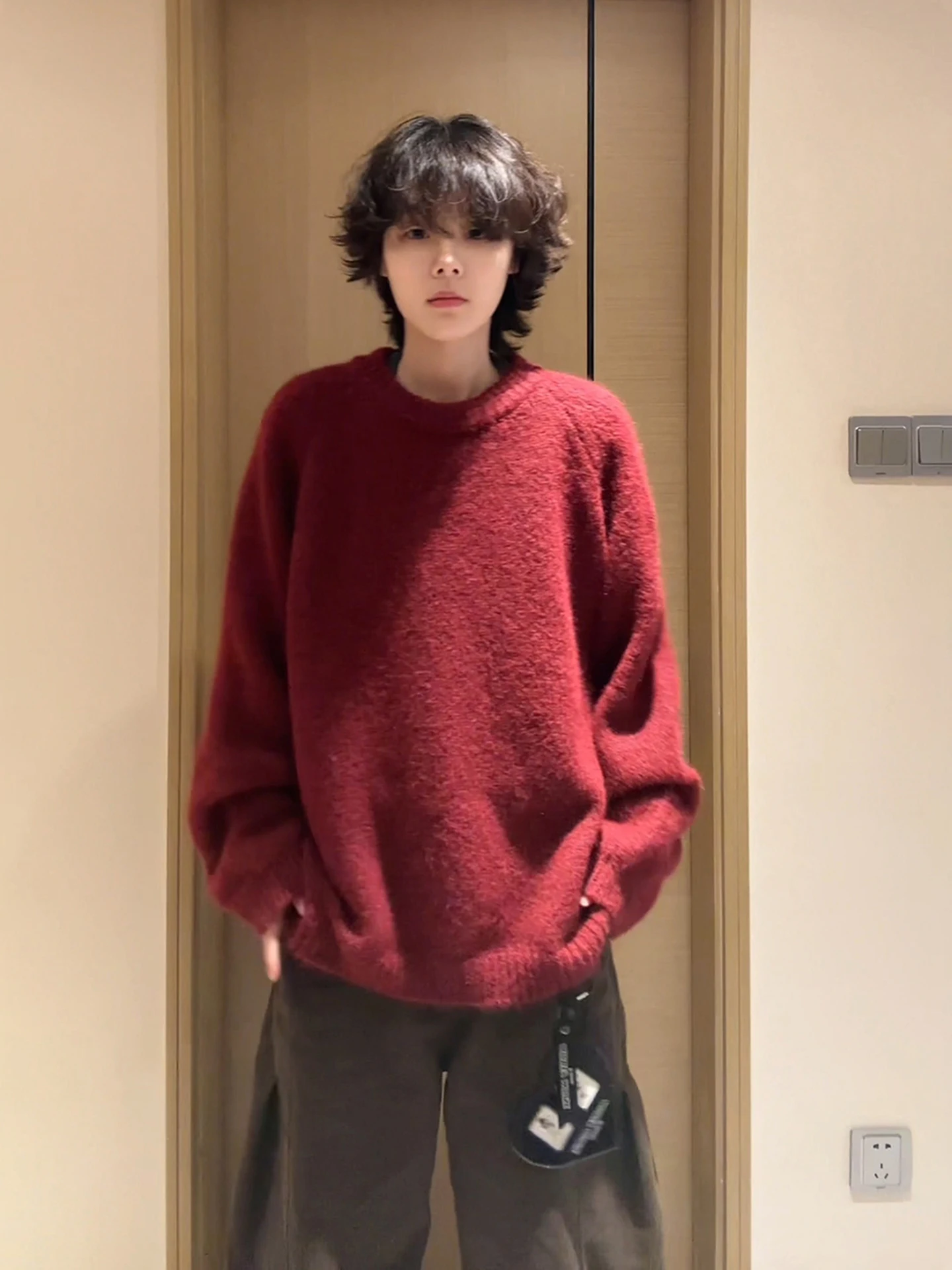 

Red Wine Color Wool Blend Men's Knitted Sweater round Ne Thi Warm Loose Fit Winter Casual Sle Couple Outerwear