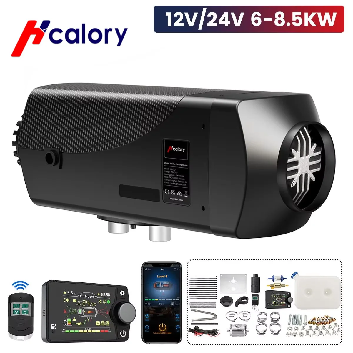 Hcalory-calefacción estacionaria para vehículos diésel, calentador de aire de 12V y 24V, 6-8,5kw, 90mm, tanque de 10L, LCD, bluetooth, aplicación de