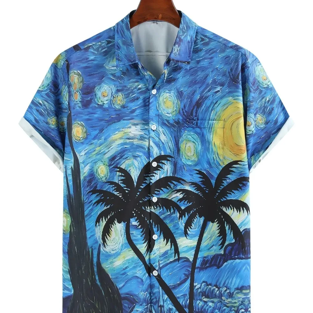 

Men's Starry Night Print Lapel Button Up Casual Short Sleeve Shirts Men Clothes For Summer Hawaiian Shirt Clothing