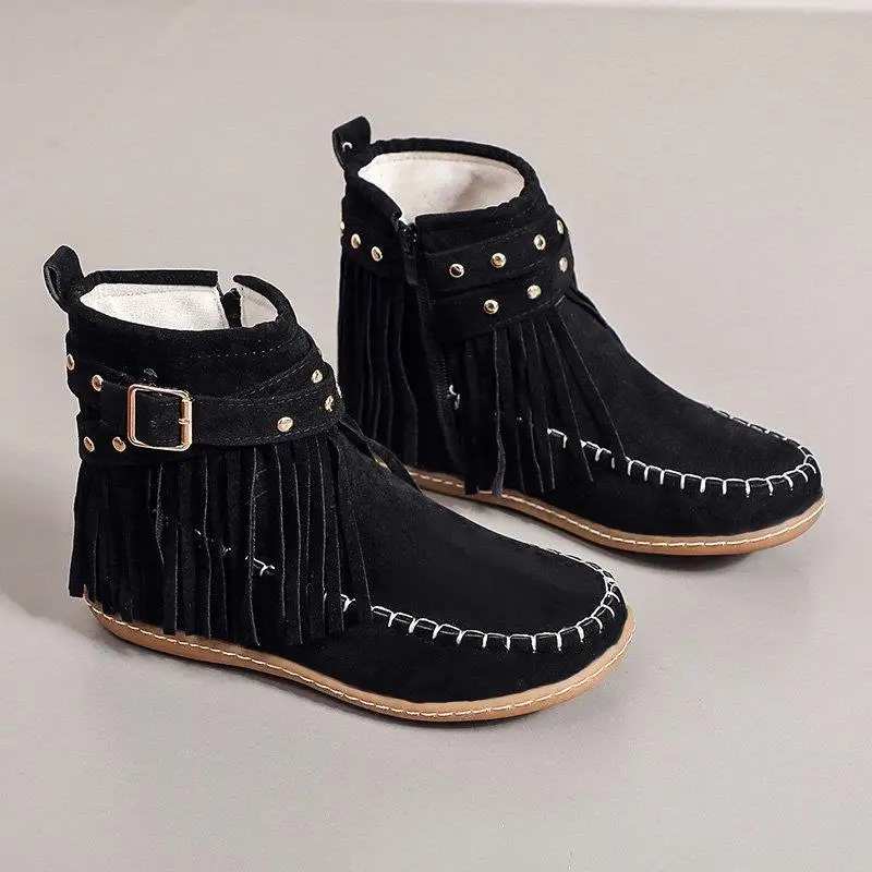 

Autumn Winter ort Women's Boots Rivet Flat Bot Tassel Boots Faionable Low Cut round Toe Pull on Closure Rubber Sole
