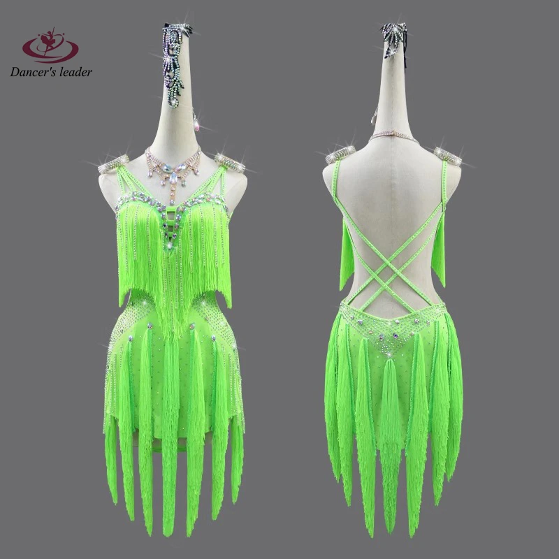 Latin Dance dress High-end Custom Green Stitching Tassel with Diamond Tango Female Adult Stage Professional Clothing