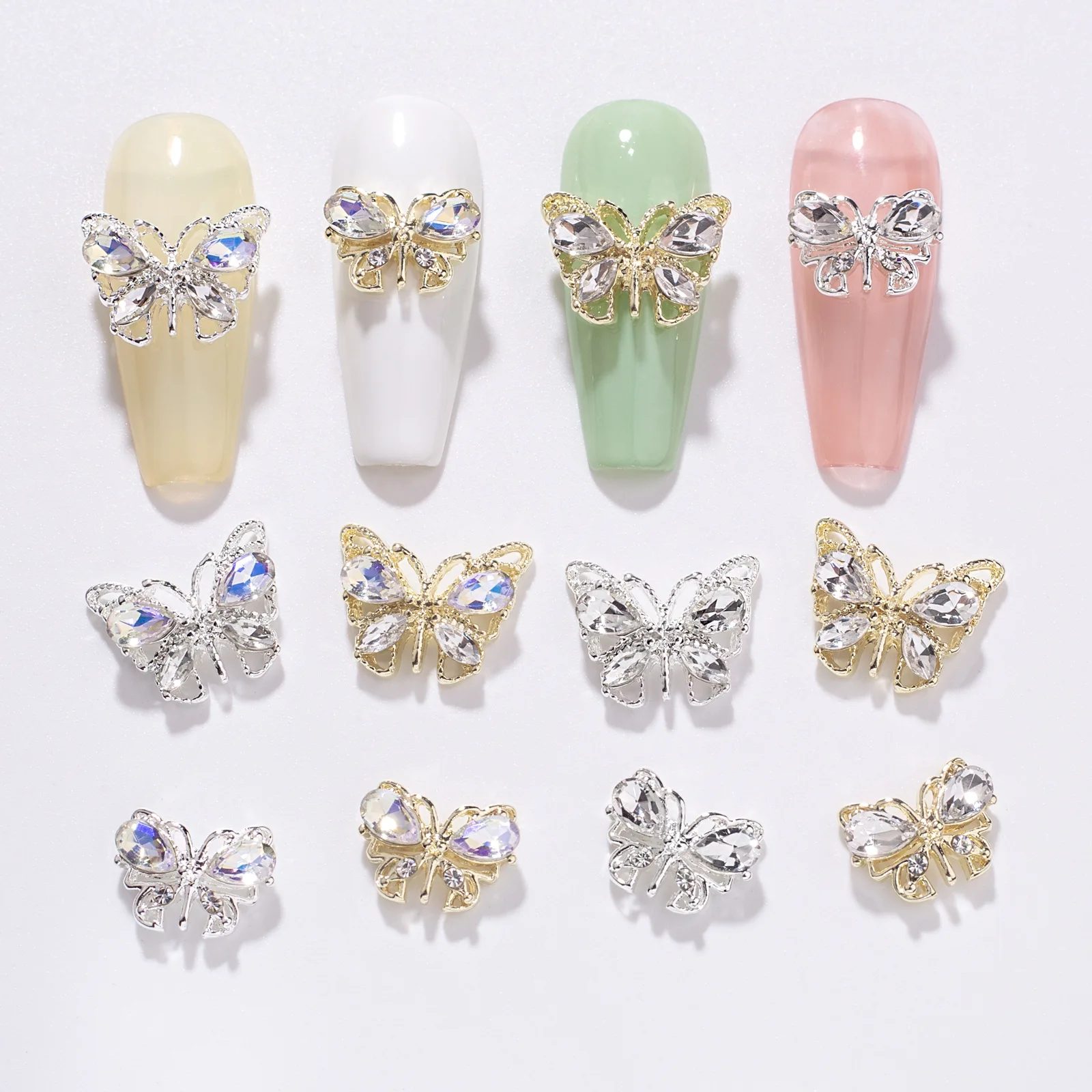 10Pcs New designed hollowed out butterfly nail accessories with butterfly nail alloy rhinestones for 3D nail decoration