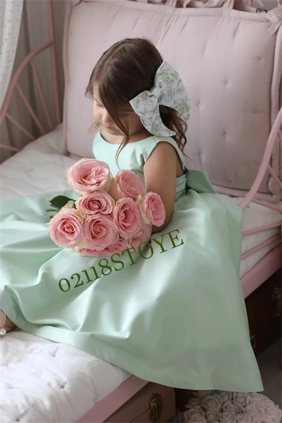 Flower Girl Dress For Wedding Green Satin Sleeveless With Bow Kids Princess Child First Eucharistic Birthday Party Dresses