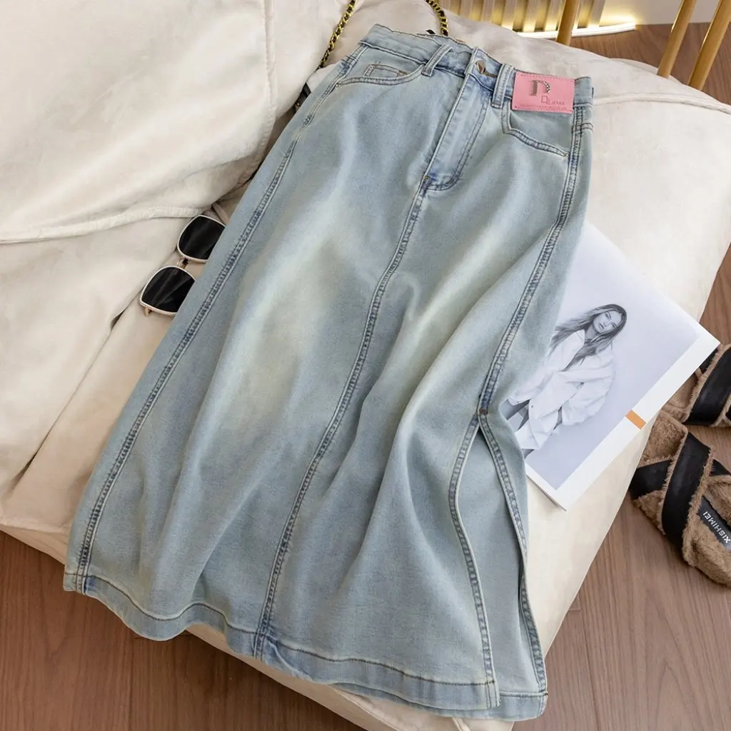 

Women's High Waist A-Line Denim Skirt Light Blue Mid-Length Side Split Summer Fashion All-Match Stylish Skirt