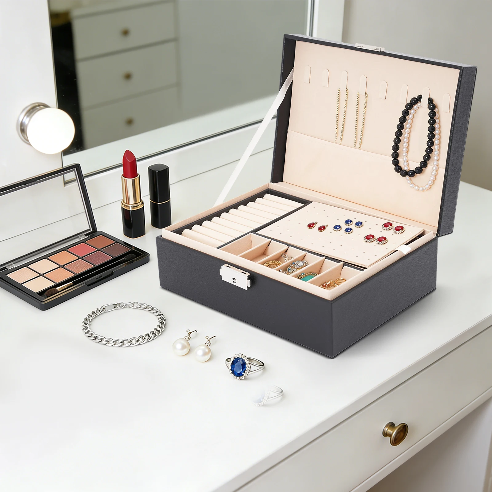 2-lagige abschließbare Schmuckaufbewahrungsbox mit herausnehmbaren Trennwänden, Schreibtisch-Organizer für Ringe, Ohrringe, Armbänder, Halsketten, Broschen, für den täglichen Schmuckaufbewahrungszweck auf dem Schminktisch zu Hause. – Detail 12