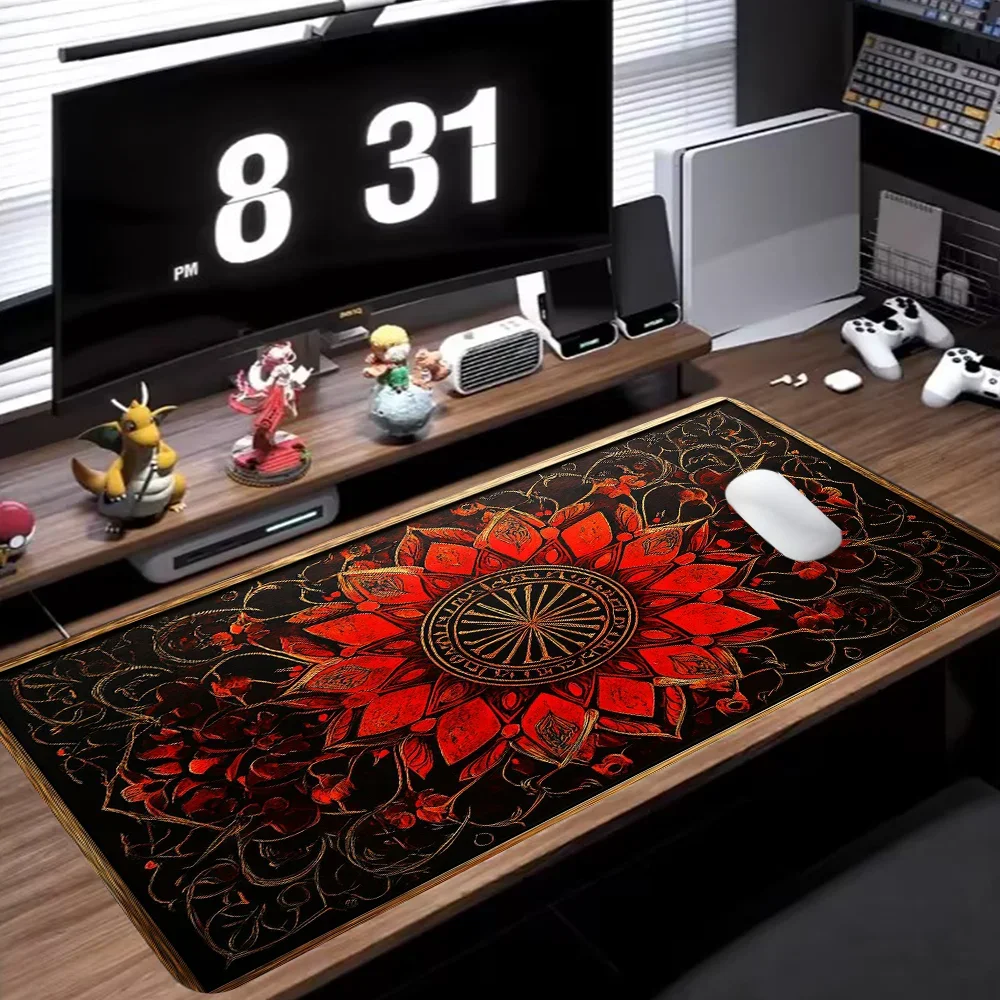 Mystery Mandala Mouse Pad Red Aesthetic Desk Mat Rubber Base Desk Accessories Non-Slip Stitched Edge Mousepad Gift for Women Men