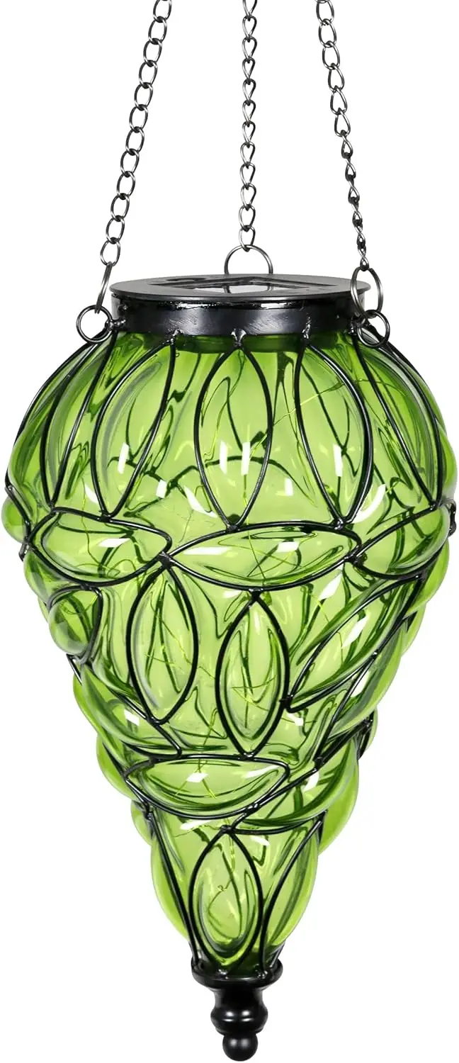 

Solar Hanging Lantern Outdoor Garden Lights, Tear-Shaped Glass Metal, 15 LED Firefly Lights, 7x24 Inch, Green