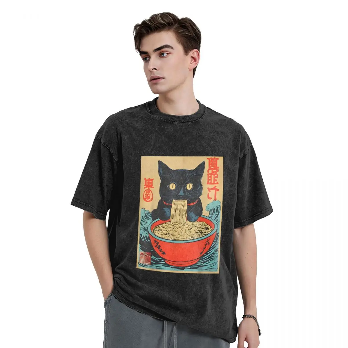 

Funny Cat Ramen Graphic Novelty T-Shirts Men's Vintage Oversized T-Shirt Washed Cotton Short Sleeve Top Tees Man Gift Big Boy