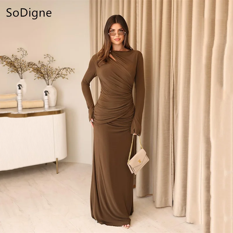 

SoDigne Cut Out Evening Dresses O Neck Pleated Floor-Length Draped Party Dress Full Sleeve Formal Prom Gowns 2025 Customized