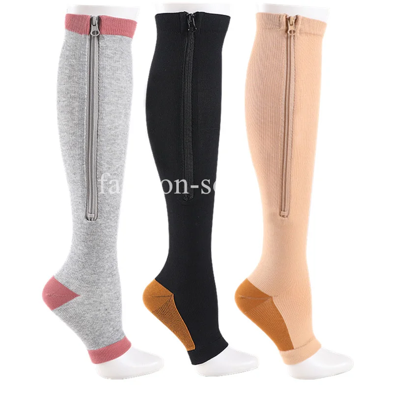 Compression Socks Anti-Fatigue Stretchy High Men Women Support Knee Zipper Female Open Toe Thin Unisex