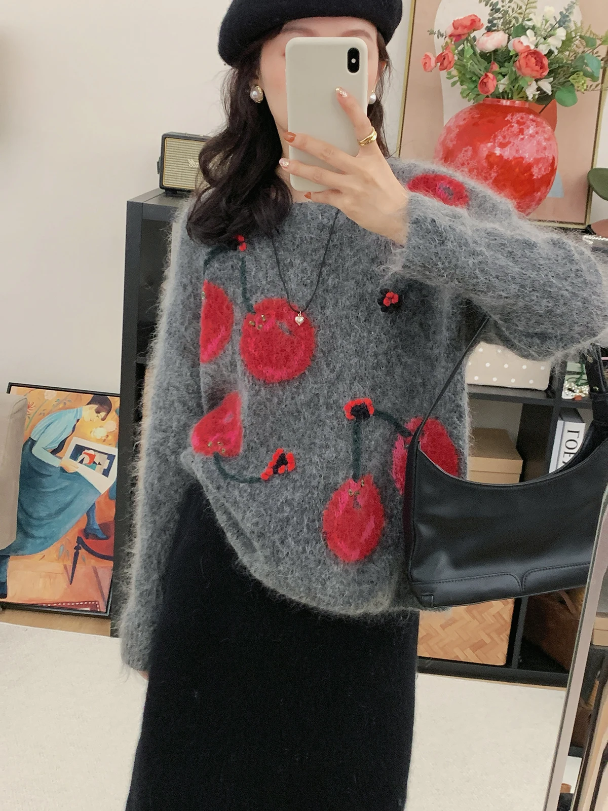 

Свободный вязаный свитер с вышивкой в виде вишни, винтажный, в стиле миланской улицы, для женщин, зимний, повседневный, с высоким соотношением длины и обхвата талии