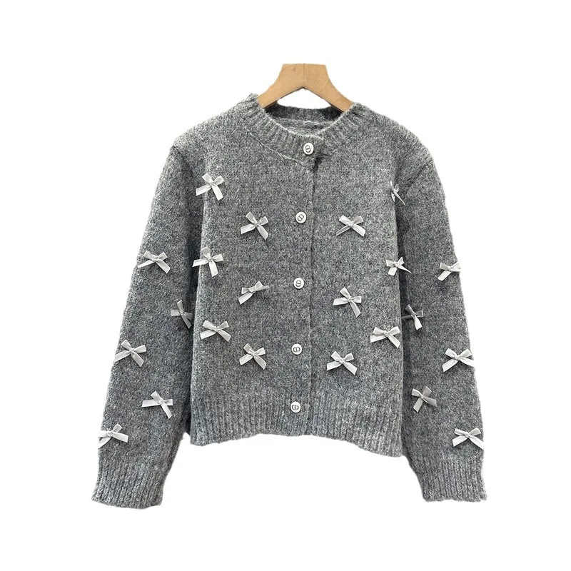 2024 Women Autumn Knitted Bowtie Design Cardigans Sweater Coat Single Button Long Sleeve Women Gray Sweater Tops Style Coat