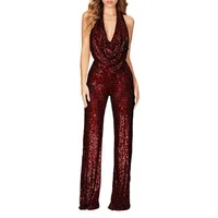 Fashionable Sequin Halter Neck Slim Fit Long Pants Jumpsuit Elegant Ladylike Style No Sleeve Mid Waist Straight Leg Jumpsuit - Image 2