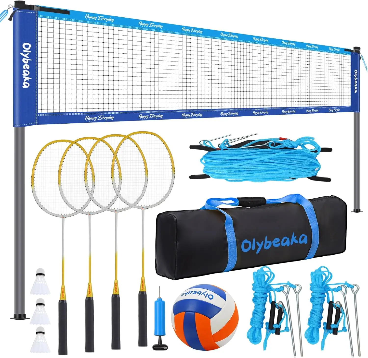 

Volleyball Badminton Combo Set with Net, 4 Rackets, 3 Birdies, PU Ball for Backyard Beach