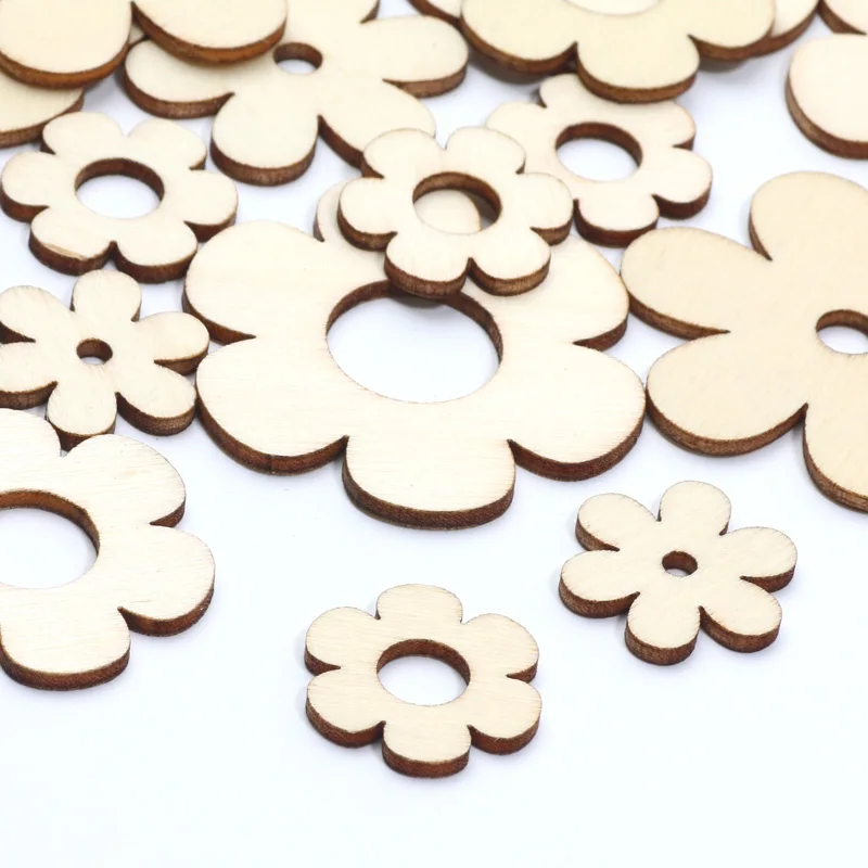 20pcs Wooden Flowers Ornaments Wooden Flowers Shape Blank Wood Slice Embellishments DIY Craft Wedding Christmas Decoration